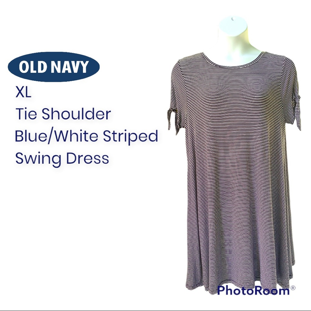 Old Navy Women’s Tie Shoulder Short Sleeve Casual Swing Dress XL Blue/White